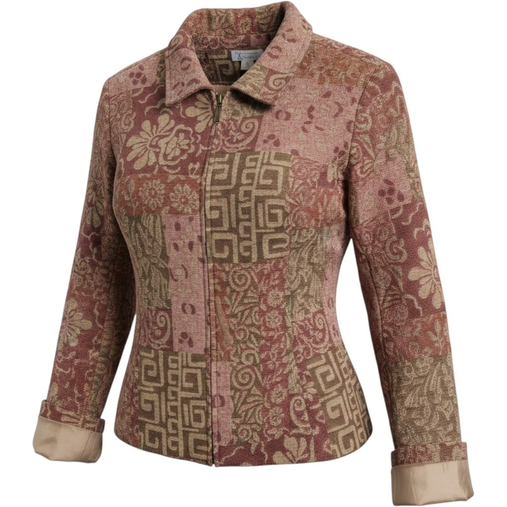 Christopher & Banks Womens XL Tapestry Patchwork Zip Up Jacket Floral Earth Tone